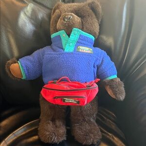 L.L. Bean Brown Bear with Blue Jacket and Red Pouch